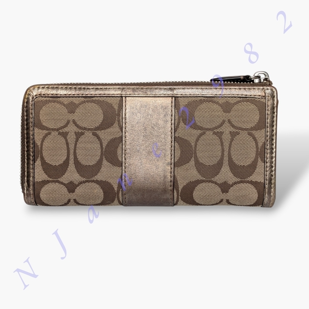 Coach Wallet Signature Monogram Bronze Tan Metallic Stripe Canvas & Leather Zip - Picture 2 of 13